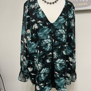 Kasper Long Sleeve V neck floral green black XL Ladies Blouse